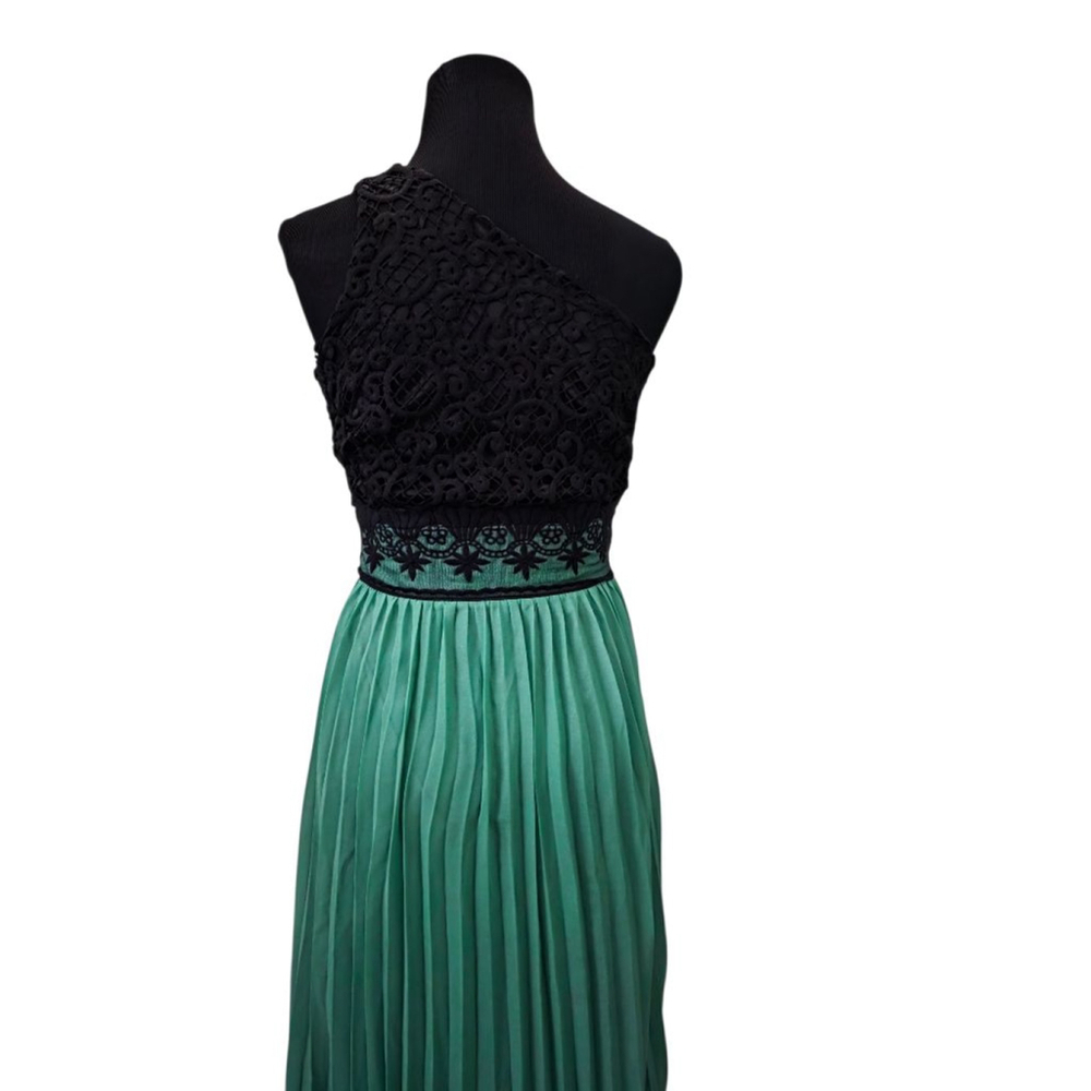 Women's Daisy Green Black Lace One Shoulder Pleated Maxi Dress S